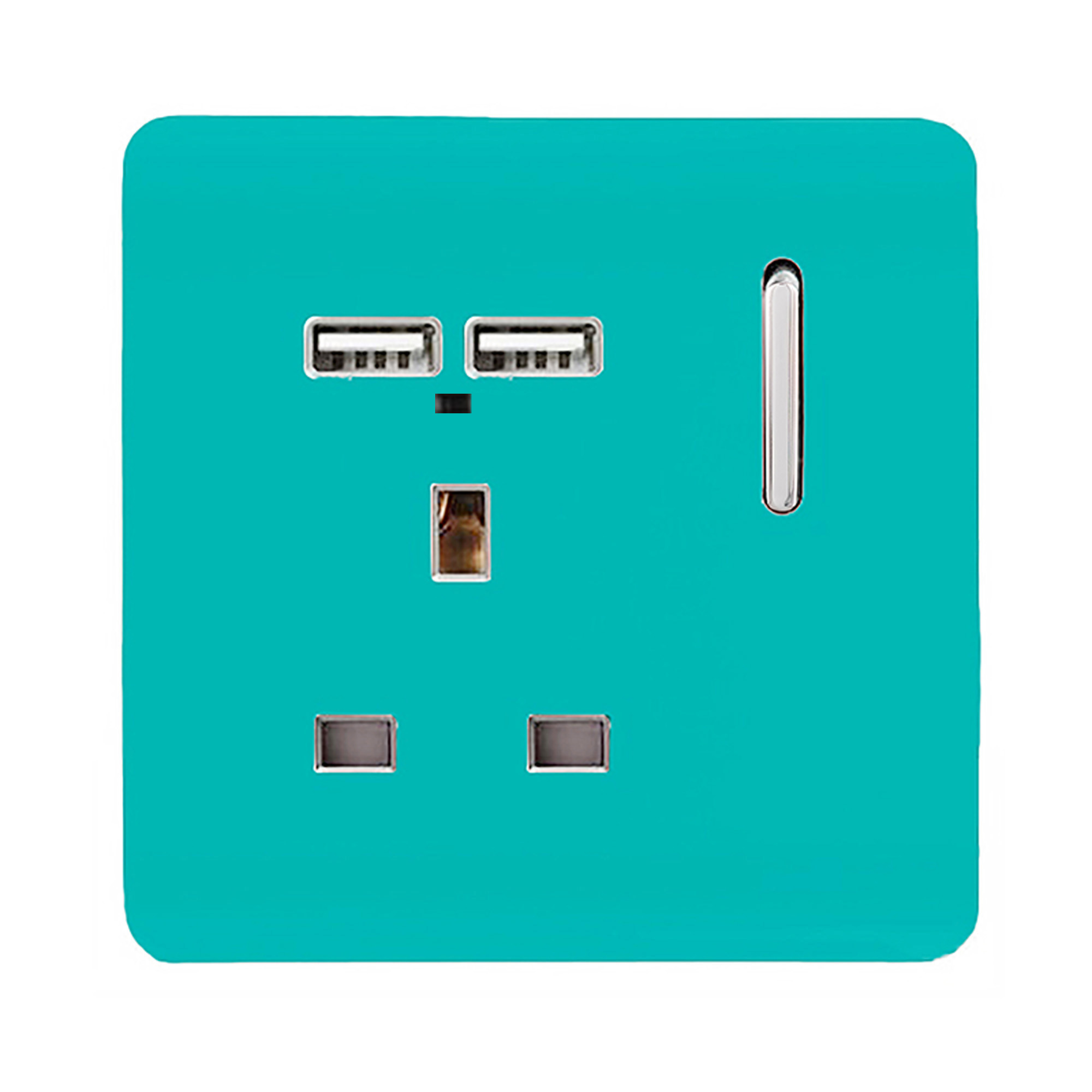1 Gang Switched Single Socket 13A With 2 x USB-A 10W (Shared) With Neon Insert Bright Teal